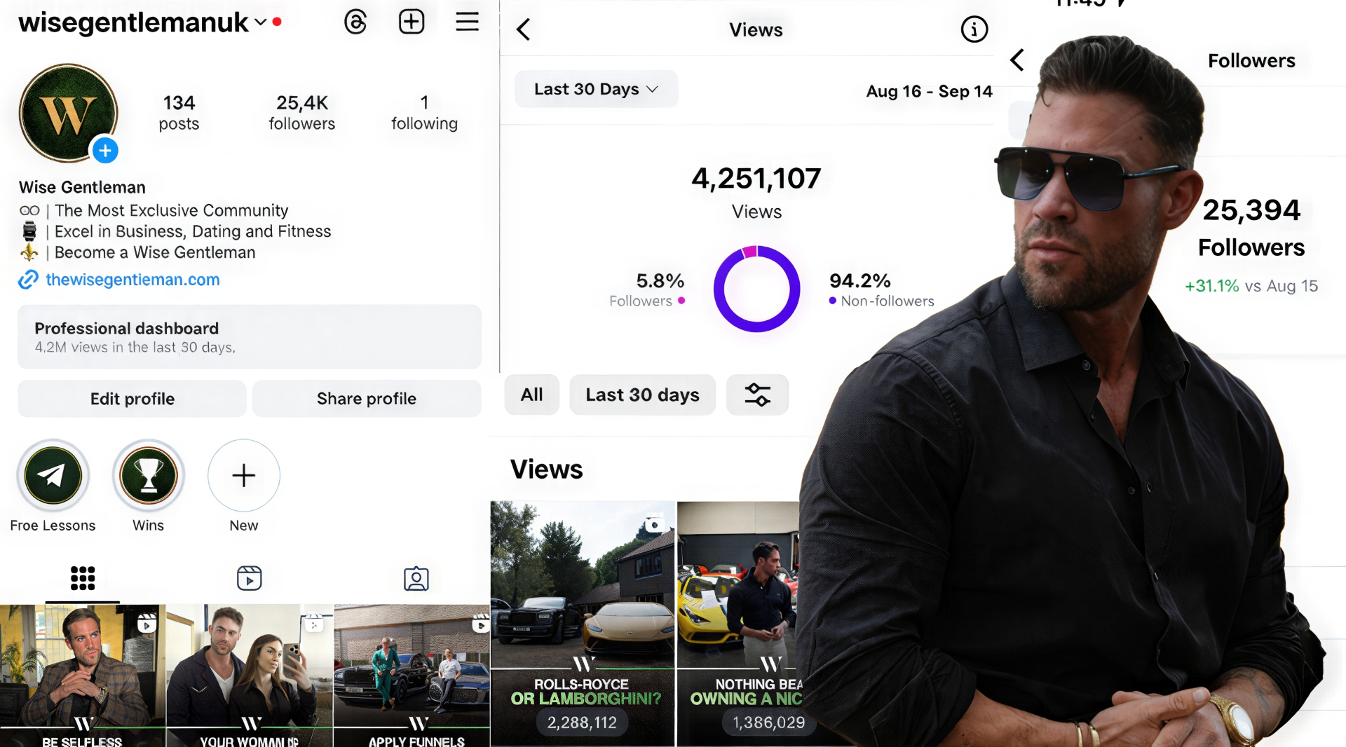 Instagram analytics for @wisegentlemanuk showing 4,251,107 views and 25,394 followers